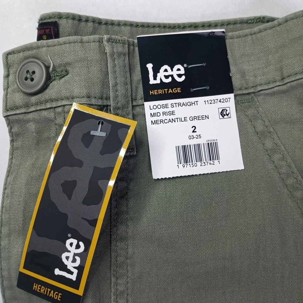 Lee Womens Heritage Loose Straight Cargo Pants‎ Size 2 Mercantile Green Mid Rise